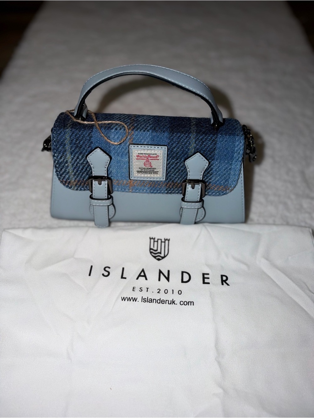Islander Light Blue Leather Satchel with Navy Plaid Flap
